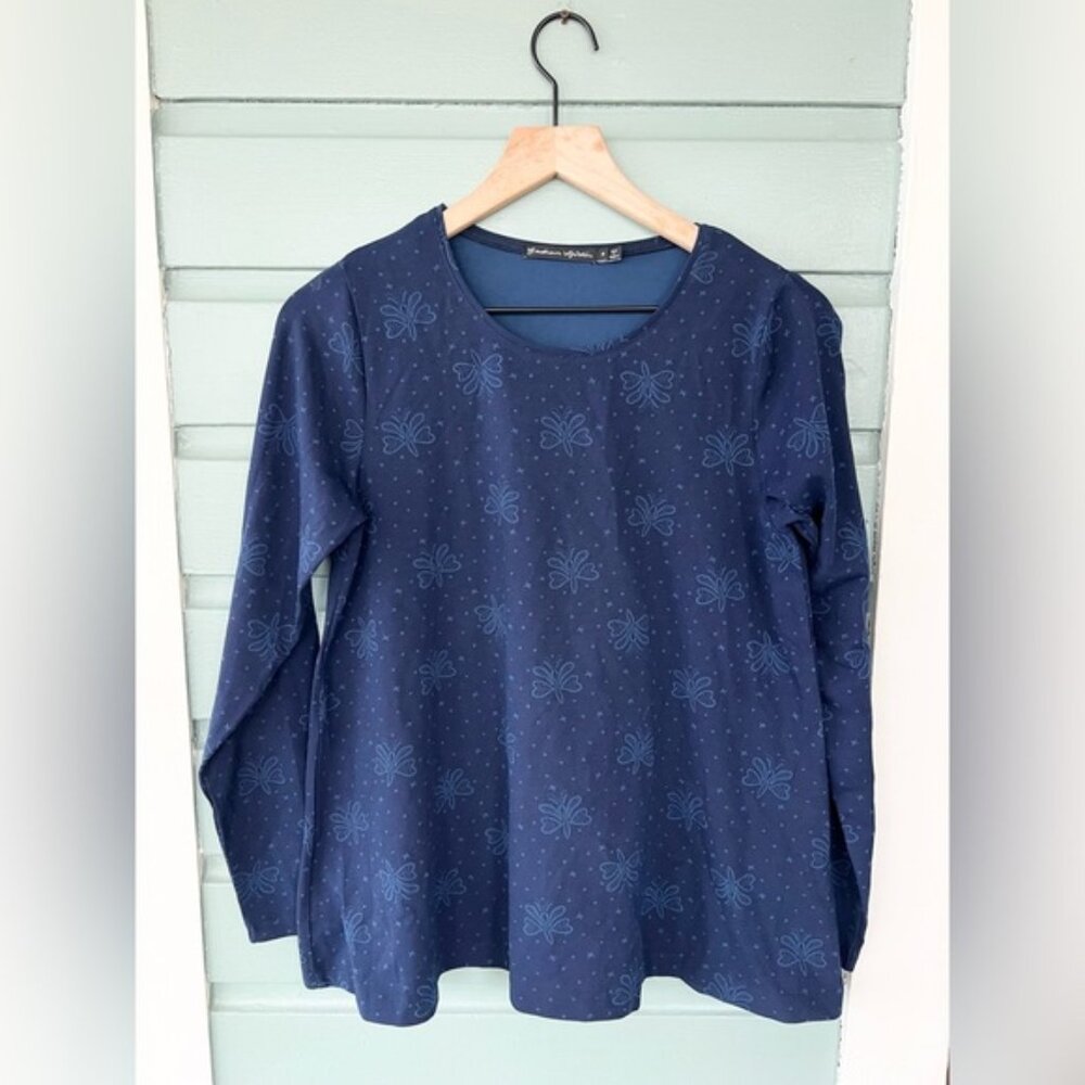 Gudrun sjoden jersey knit cotton top dotted butterfly print blue mature boho S